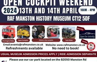 Poster with images of aircraft cockpits and vehicles on display at event