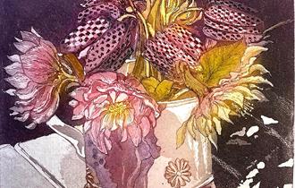 Print of pink fritillaries and hellebores in a white jug in the middle of the image, with a purple background.