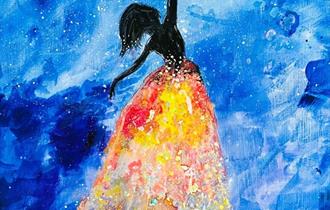 Painting of a dancing lady with splatters