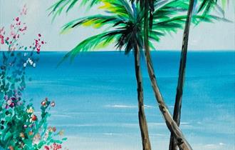 Painting of a summery beach with flowers in the foreground