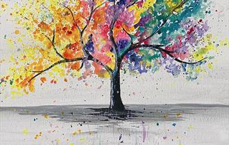 Painting of a splatter rainbow tree