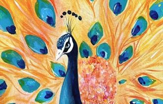 Painting of a bold yellow and blue peacock