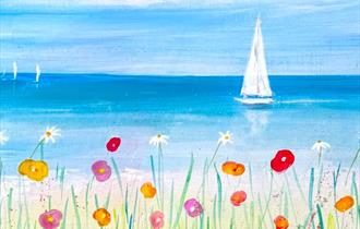 Painting of a summery beach with flowers in the foreground