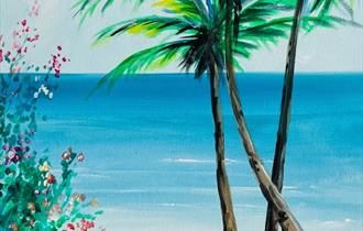 Painting of a summery beach with flowers in the foreground
