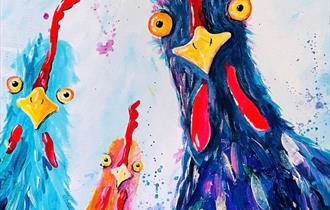 Painting of funky colourful chickens staring into the viewer with expressive eyes and paint platters