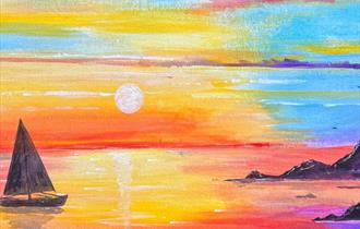 Painting of a boat on sunset ocean in rainbos colours