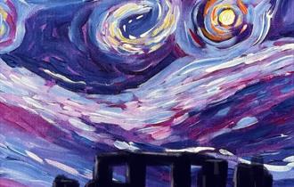 Painting of a purple impressionist starry twilight with stonehenge