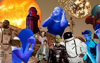 A vibrant and surreal collage featuring a mix of space-themed and party imagery. The background includes a glowing Sun and a barren, rocky landscape r