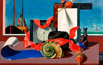 A still life of a harbour yard and nautical items including a big spiral shell, blue paper, red ribbon and barometer.