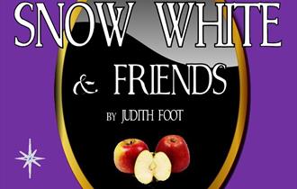 A mirror  and haldf an apple with the words "Snow Whute & Friends"