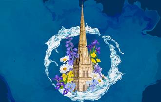 Salisbury Cathedral Spire surrounded by flowers