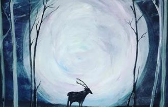 Painting of a giant moon in a forest with a silhouette of a stag