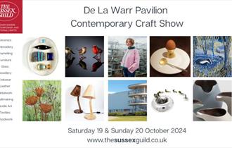 An image grid showing images of handmade crafts including ceramics, textiles, jewellery, glass birds, printmaking, wood accessories and metalwork.