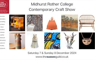 An image grid showing images of handmade crafts including ceramics, furniture, textiles, jewellery, stained glass panel, wood accessories and metalwor