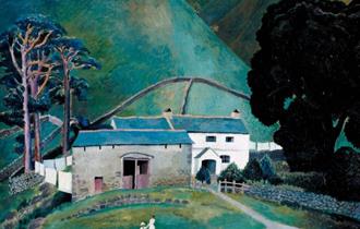 A farmhouse with white walls and green blue roof is nestled at the base of round hills. Woman and a girl in white hold hands, looking toward the house