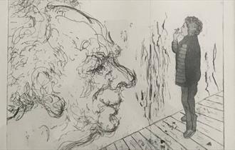 Artwork of a large sketched profile of a face and a small profile of a person smoking