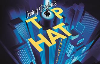 A graphic illustration of skyscrapers in shades of blue with a dark background. On top of the buildings, yellow text reads 'Irving Berlin's Top Hat Th