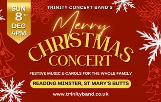 Red background with white Santa beard. Text says Trinity Concert Band's Merry Christmas Concert.