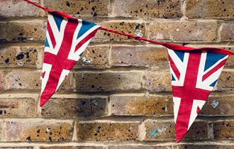 Stock image of Union Flag bunting for the Platinum Jubilee Celebrations event