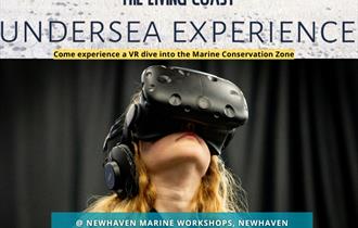 A photograph of a girl with long blonde hair wearing a virtual reality headset. The text above her says "The Living Coast Undersea Experience. Come ex