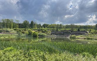 A view across water to a wooden one story building surrounded by trees.
