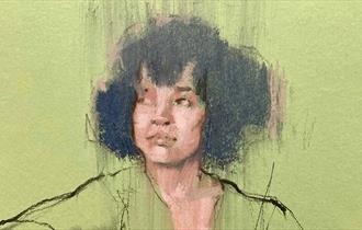 Pastel drawing of a woman on a green background