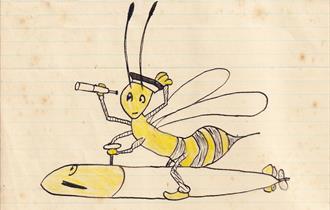 A hand-drawn cartoon of a hornet character wearing a sailor hat, holding a telescope in one hand, while riding on top of a large torpedo or missile. T
