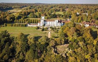 Aerial view of the gardens and house