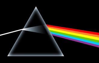 Pink floyd album cover artwork. There is a white triangle and a rainbow coming from the right hand side of the triangle.