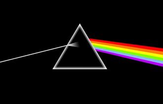 Pink floyd album cover artwork. There is a white triangle and a rainbow coming from the right hand side of the triangle.