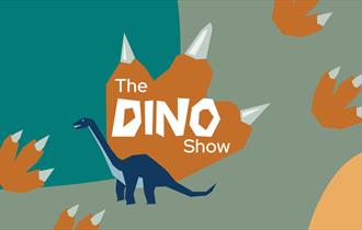 The Dino Show illustration. There is a green background with orange dinosaur footprints diagonally across the image. There is a bigger dinosaur footpr