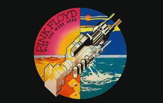 Album cover of Pink Floyd's Wish You Were Here. There is a circle split into four sections and colours - pink, blue, orange and turquoise. There are t