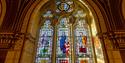 Restored stain glass window at  Maison-Dieu
