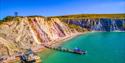 Aerial view of sea and beach at The Needles Landmark Attraction, Isle of Wight, Things to Do