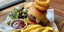 Burger, Chips and Onions Rings at Malthouse Kitchen at Hook Norton Brewery
