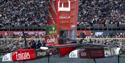 A catamaran up on its foils during SailGP in Portsmouth
