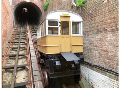 Picture of the Victorian coaches still used today on West Hill Cliff Railway, Hastings