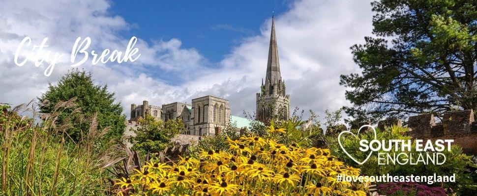 View of Chichester Cathedral from Bishop Palace gardens, only city in West Sussex.