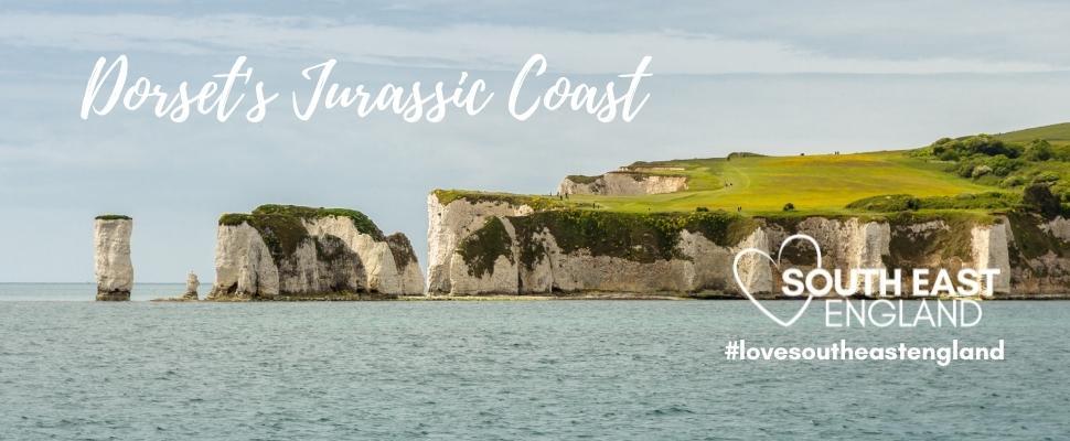 Old Harry's Rock, chalk rock formations, mark the most eastern point of the Jurassic Coast, a UNESCO World Heritage Site.  Take a boat trip from Poole Harbour to Swanage and view the rocks from the water.