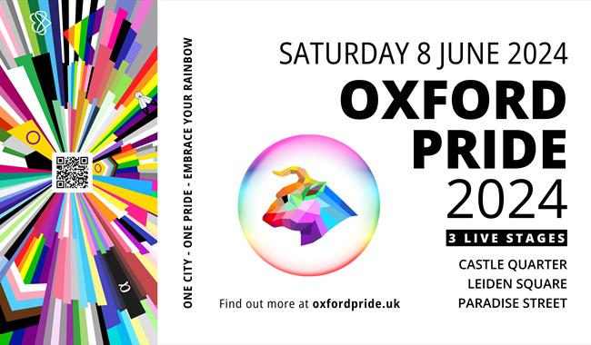 A bright collage of LGBTQIA flags on the left of the image and Oxford Pride, 8th June 2024 taking up the text on the right.