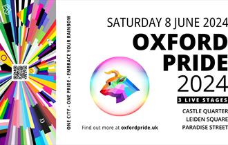 A bright collage of LGBTQIA flags on the left of the image and Oxford Pride, 8th June 2024 taking up the text on the right.