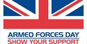 Armed Forces Day logo, featuring a section of the Union Flag plus the words Armed Forces Day, Show Your Support