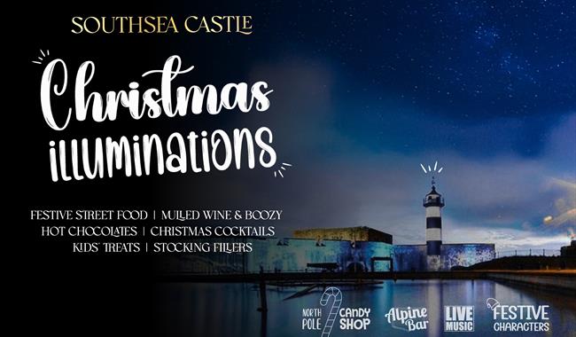 Poster for the Christmas Illuminations event at Southsea Castle, featuring the building under a starlit sky Poster for the Christmas Illuminations event at Southsea Castle, featuring the building under a starlit sky