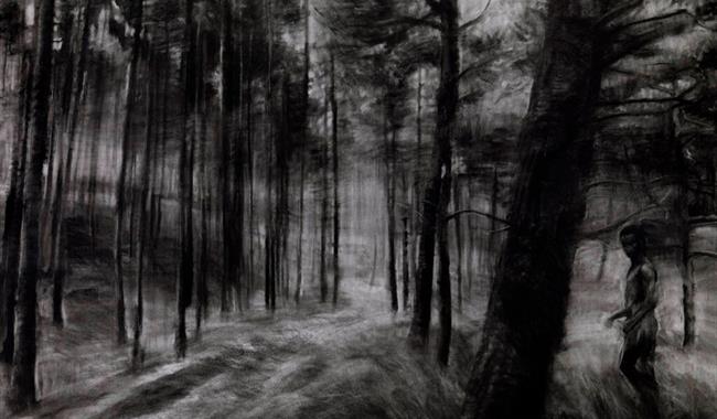 A view within a forest, drawn in charcoal. A figure moves through the right side of the scene.