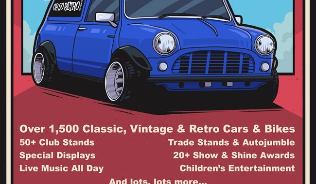 Oh So Retro poster in cartoon style with car and text about event