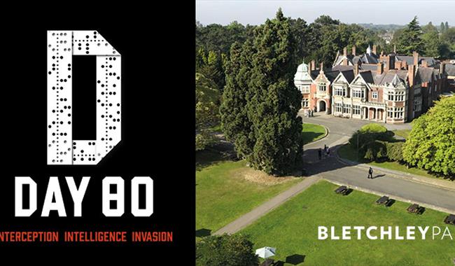 A shot of Bletchley Park's Mansion from overhead, alongside a logo for D-Day 80