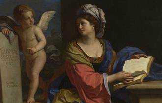 A painting of a woman reading a book with an angel.