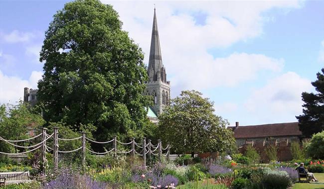 View of Chichester Cathedral in Bishop's Palace Gardens

