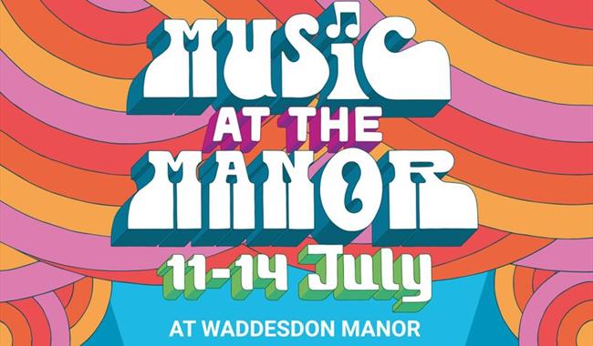 Colorful poster for 'Music at the Manor' event from July 11-14 at Waddesdon Manor
