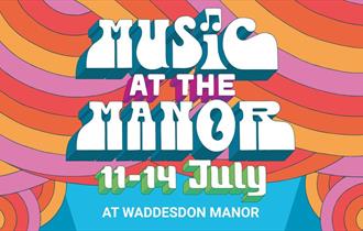 Colorful poster for 'Music at the Manor' event from July 11-14 at Waddesdon Manor